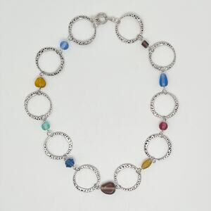 Handmade Hammered Hoop Silver Tone Beaded Necklace Hand Crafted Artisan